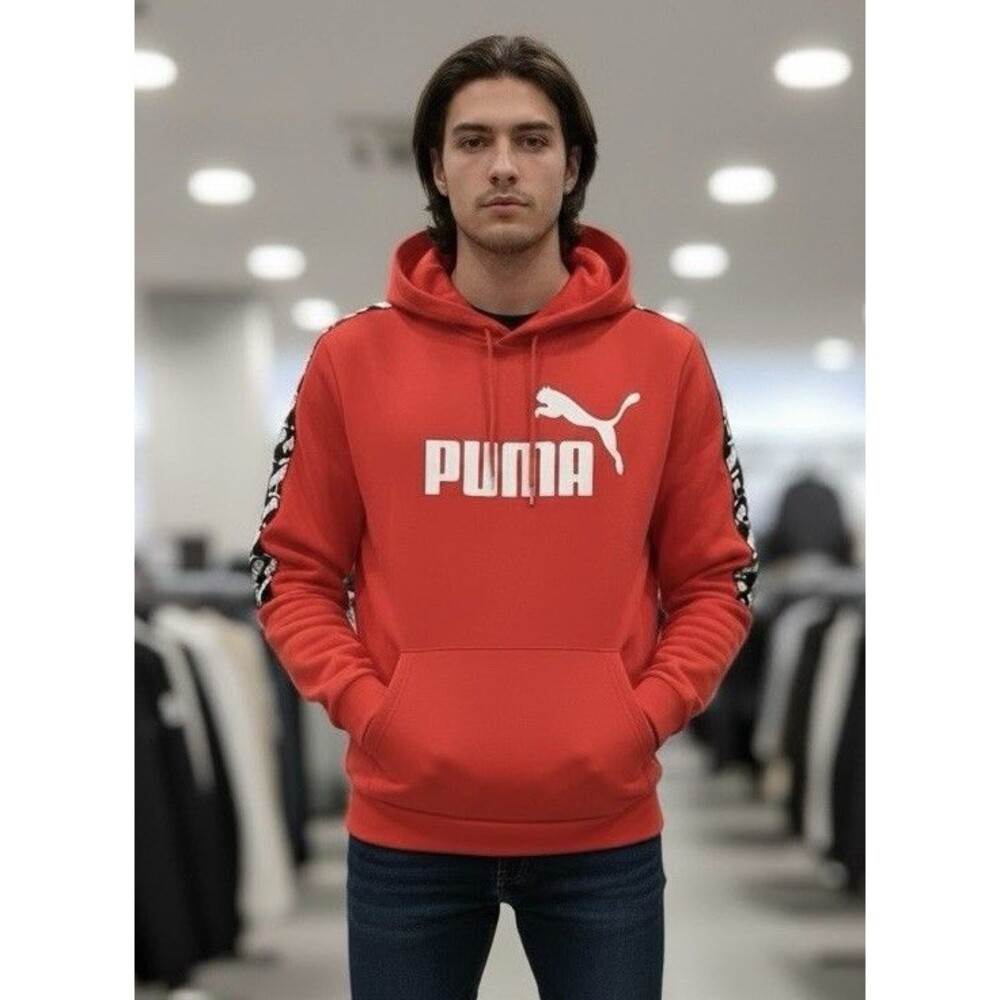 Men’s PUMA Pullover RED Hoodie -  W/ Decorative Logo  Taping On Sleeves - Size L